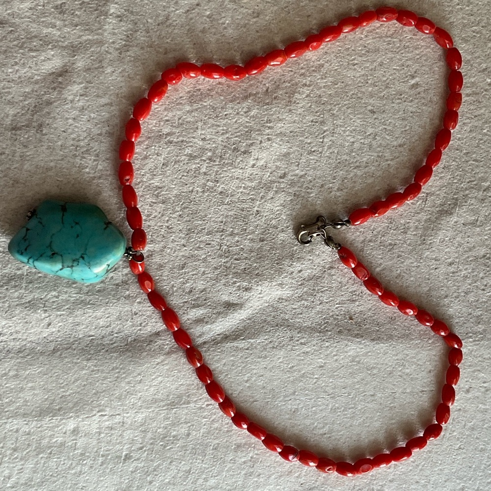 Orange Beaded Necklace with Turquoise Pendant